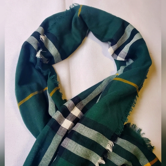 NWT$490 BURBERRY Giant Check Logo Pattern Fringed Trim Green Wool Twill Scarf - Picture 10 of 16